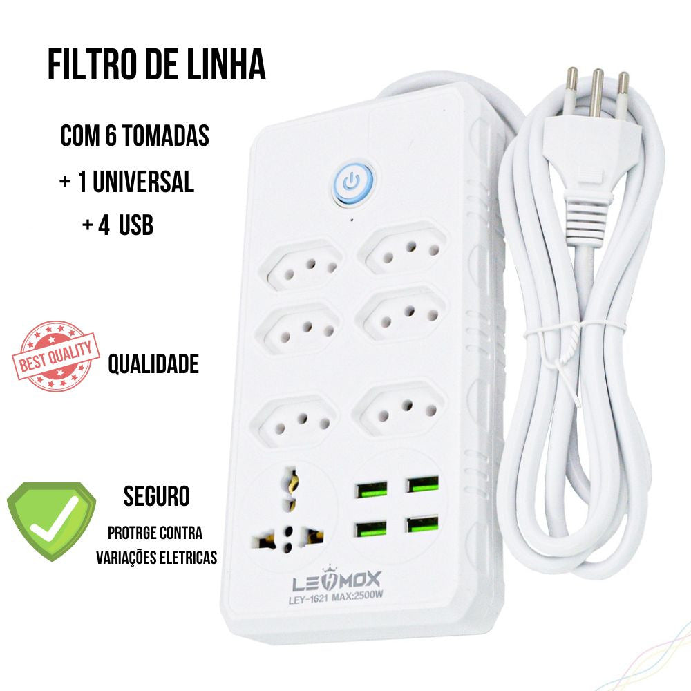 Filtro de Linha com 7 Tomadas Extensão Elétrica 1 Universal 4 USB Bivolt 10A 110v/220v Cabo de 2 Metros