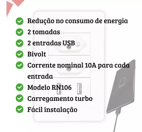 Tomada De Parede Usb 4x2 Universal Bivolt Carregador Turbo