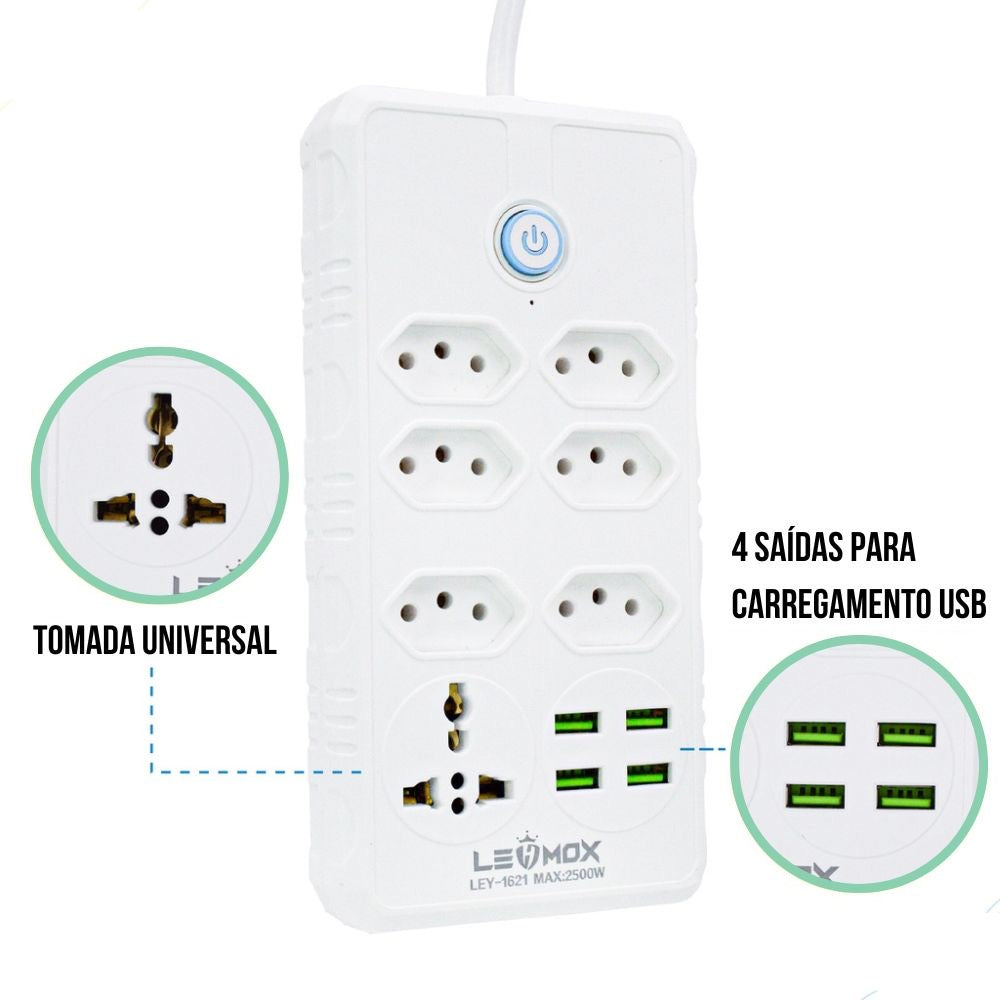 Filtro de Linha com 7 Tomadas Extensão Elétrica 1 Universal 4 USB Bivolt 10A 110v/220v Cabo de 2 Metros