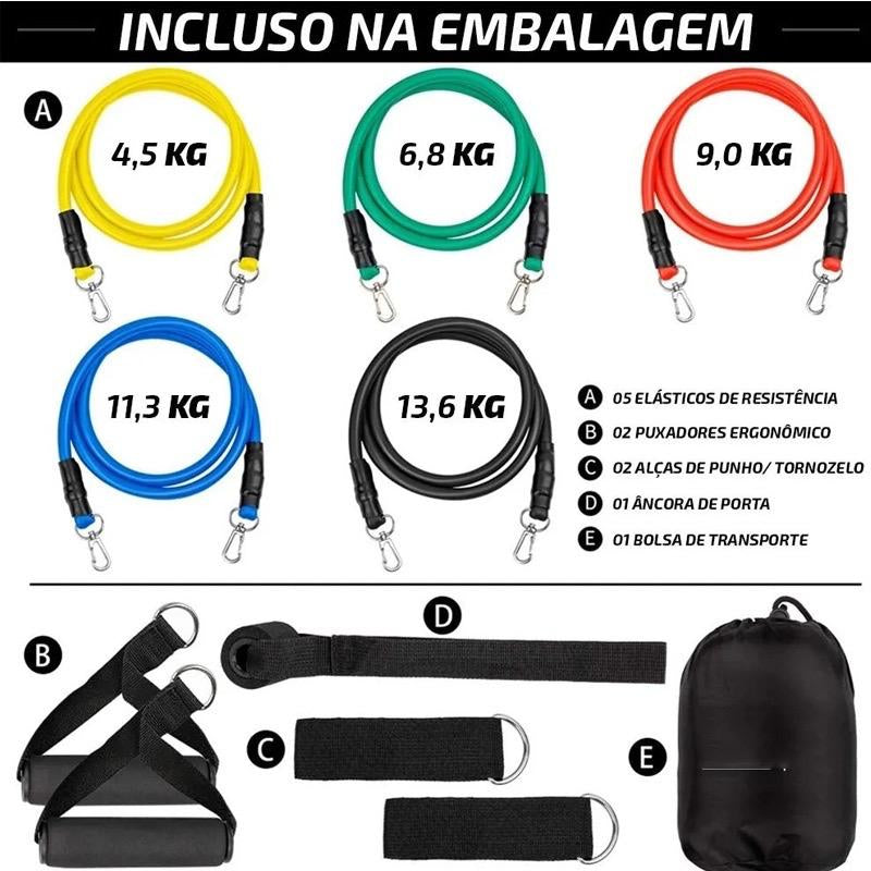 Kit 11 Elastico Extensor Treino Funcional Academia Em Casa Ginastica