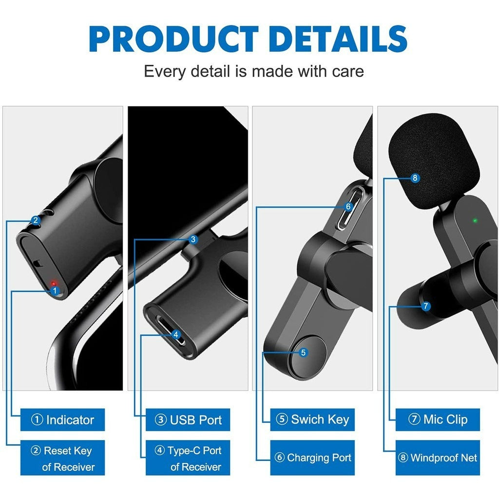 Microfone Sem Fio De Lapela Bluetooth Áudio Celular P/ IPHONE E TIPO C